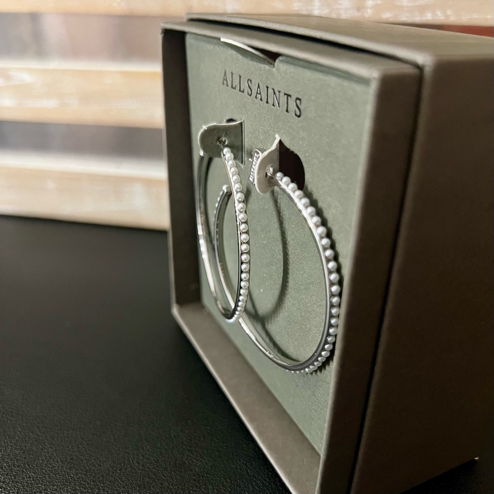 ALLSAINTS Rhodium Faux Pearl Hoop Earrings - Picture 4 of 8